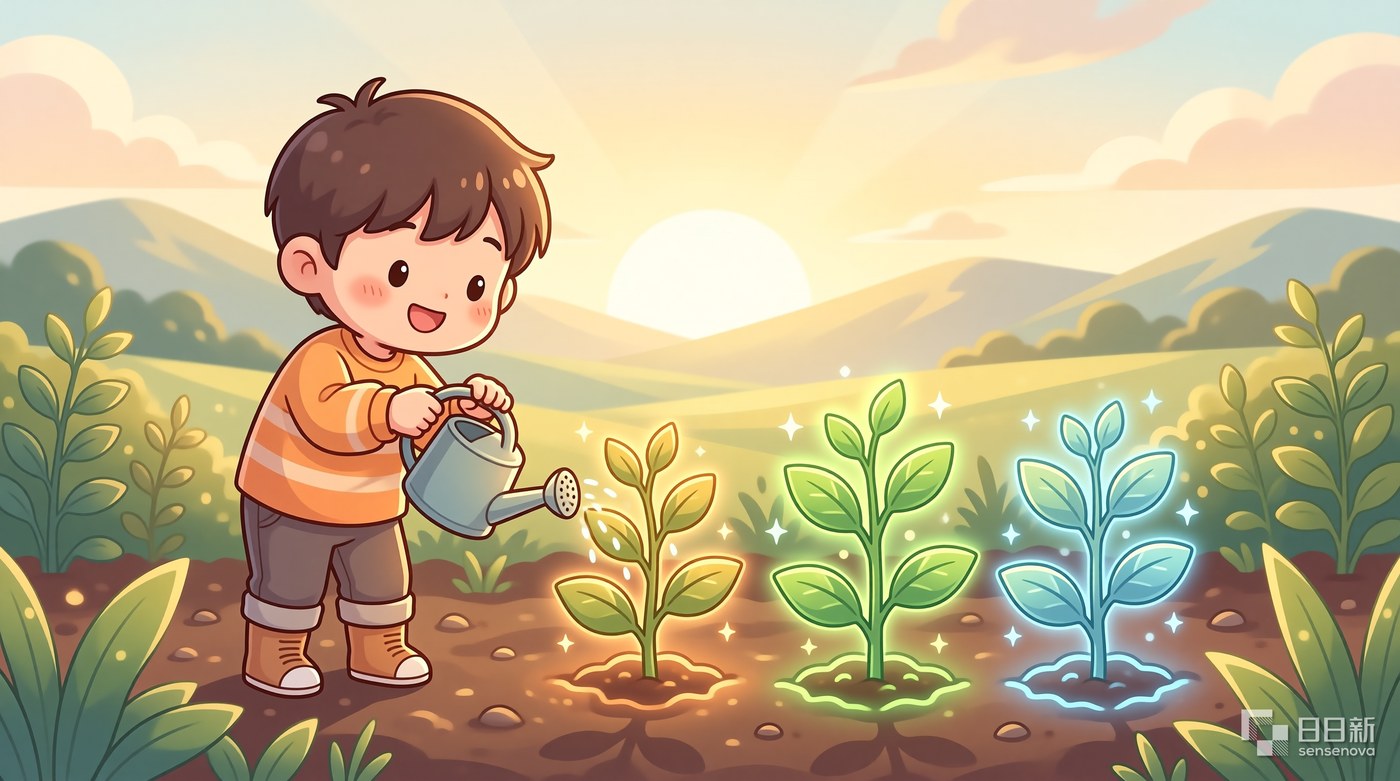 清晨的园丁，给三株不同颜色的幼苗浇水——自主、胜任、归属，缺一不可
